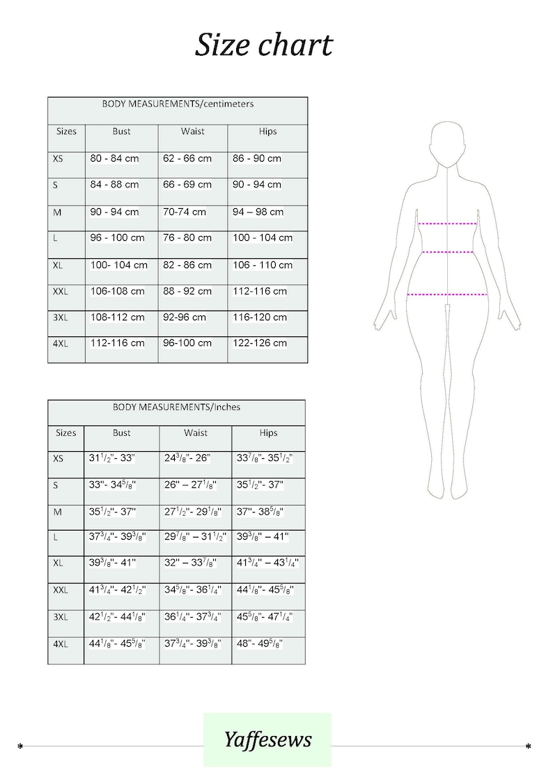 May include: Size chart with body measurements in centimeters and inches. Measurements include bust, waist, and hips for sizes XS to 4XL. A line drawing of a person is on the right. The text "Yaffesews" is at the bottom.
