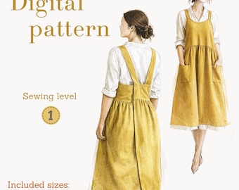 Mönster för sömnad av korsryggsförkläde, Pinafore-förkläde PDF-mönster XS-3XL, nybörjarvänligt, lättsvängd förklädesklänning, direktnedladdning