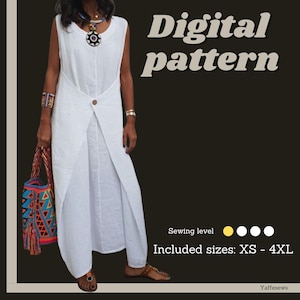 Peut inclure: Une robe blanche sans manches en lin avec un devant enroulé et une fermeture à bouton. La robe est présentée sur un mannequin avec un sac coloré et des sandales. Le texte "Modèle numérique" et "Tailles incluses : XS - 4XL" est visible sur l'image.