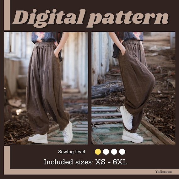 Baggy trousers sewing pattern, sizes XS-6XL, oversized pants instant PDF download, digital pattern