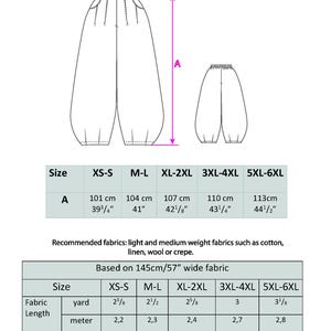May include: A diagram showing how to sew baggy trousers with measurements in inches and centimeters for different sizes. The diagram includes a table with fabric requirements in yards and meters.