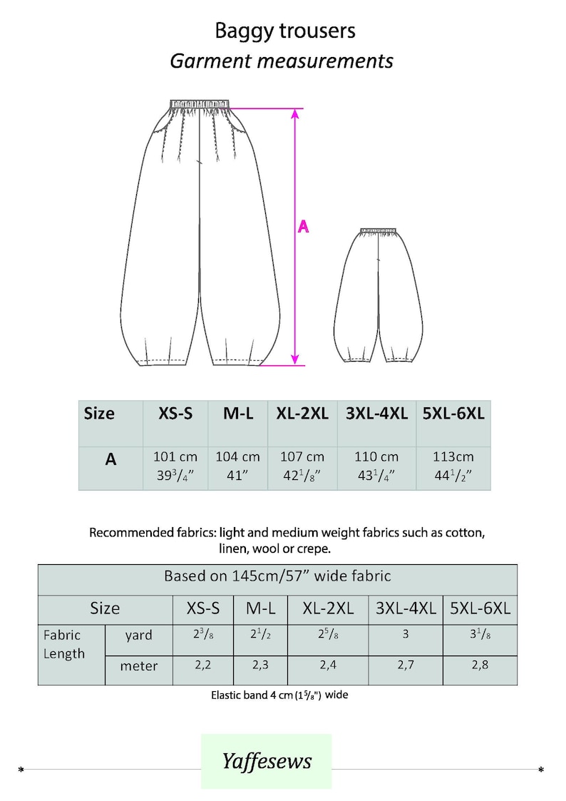 May include: A diagram showing how to sew baggy trousers with measurements in inches and centimeters for different sizes. The diagram includes a table with fabric requirements in yards and meters.