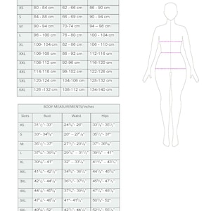 May include: Size chart for clothing with measurements in inches and centimeters. The chart shows bust, waist, and hip measurements for sizes XS to 6XL.