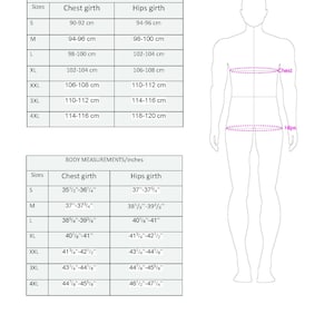 May include: A size chart with body measurements in centimeters and inches. The chart includes chest and hip girth measurements for sizes S to 4XL. A line drawing of a person is on the right side of the chart. The brand name "Yaffesews" is at the bottom.