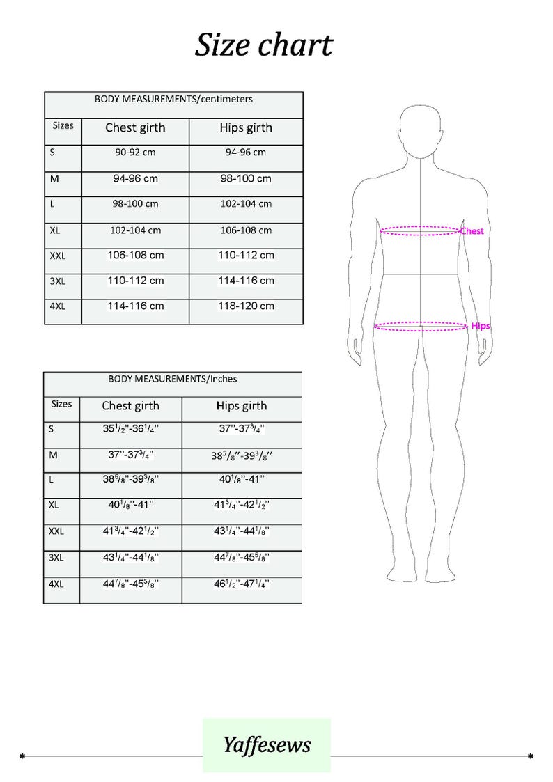 May include: A size chart with body measurements in centimeters and inches. The chart includes chest and hip girth measurements for sizes S to 4XL. A line drawing of a person is on the right side of the chart. The brand name "Yaffesews" is at the bottom.