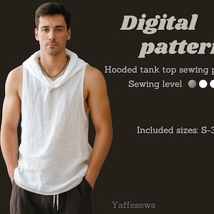 Herren Kapuzen Tank Top Schnittmuster, minimalistisches ärmelloses Boho Top digital Schnittmuster PDF mit Anleitung, Grössen S-3XL