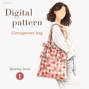May include: Digital pattern for a Cottagecore bag. The bag features a pink and white gingham pattern with red strawberries. The bag has two large bows. The text "Sewing level 1" is also visible.