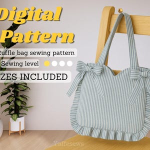 Modello di cucito per borsa tote con fiocco, borsa con volant PDF digitale A0 A4, tutorial facile per borsa fai da te, progetto di cucito per principianti