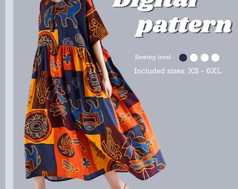 Ruffle dress sewing pattern, 2 dresses and 4 tops in 1 sewing pattern, oversized dress sizes XS-6XL, instant PDF download.
