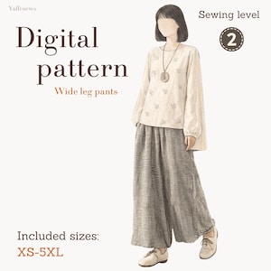 Patrón de costura para pantalones de pierna ancha, falda pantalón DIY, tallas XS-5XL, descarga instantánea en PDF.