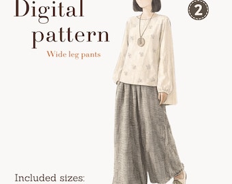 Wide leg pants sewing pattern, DIY skirt pants, sizes XS-5XL, instant PDF download