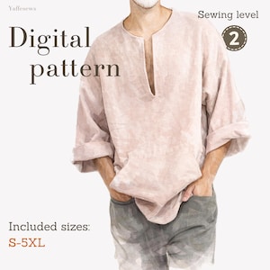 May include: Digital pattern for a pale pink linen shirt with a V-neck and rolled sleeves. The image includes the text "Digital pattern" and "Included sizes: S-5XL". The sewing level is indicated as 2.