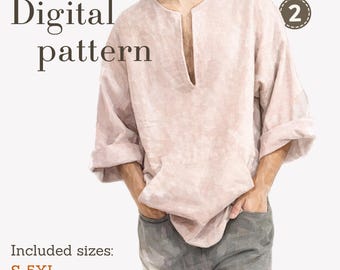 Men's Boho Shirt Sewing Pattern, Loose Fit Top with Kangaroo Pocket (Sizes S-5XL) (PDF Pattern)