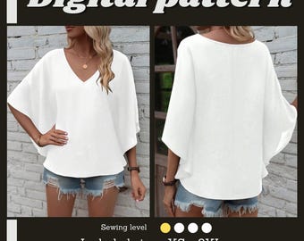 V-neck top sewing pattern, minimalist boho shirt, sizes XS-6XL