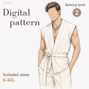 Może przedstawiać: Ilustracja cyfrowego wzoru białego bezrękawnika i spodni. Obraz zawiera tekst "Digital pattern" i "Included sizes: S-4XL". Poziom szycia jest oznaczony jako 2.