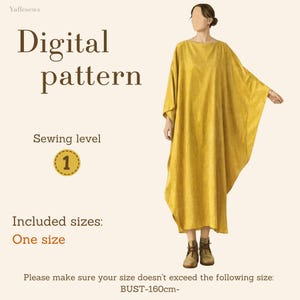 Patron de couture pour robe longue à manches chauve-souris, taille unique, robe grande taille, téléchargement PDF instantané