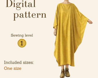 Sömnadsmönster för maxiklänning med fladdermusärm, en storlek, plus size-klänning, direkt nedladdning i PDF-format