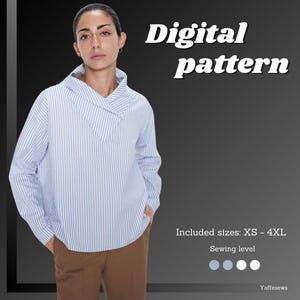 Può includere: Un cartamodello di cucito digitale per una camicia a righe blu e bianche con colletto e un colletto largo e piegato. Il cartamodello include le taglie XS - 4XL ed è classificato per sarte principianti.