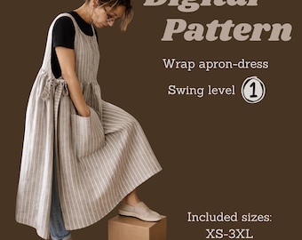 Wrap Apron Dress PDF Pattern XS–3XL, Japanese Apron Sewing Pattern, Linen Pinafore Dress, Digital Download