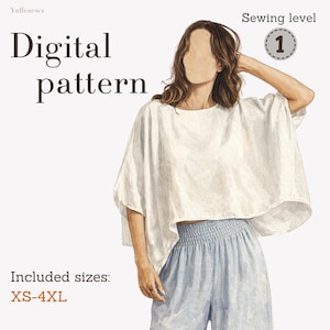 May include: Digital pattern for a white top and blue pants. The image includes the text "Digital pattern" and "Included sizes: XS-4XL". The sewing level is indicated as 1.