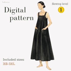 Può includere: Modello digitale per un abito nero con tasche. L'immagine mostra un'illustrazione ad acquerello di una donna che indossa un abito nero con scollo quadrato e due tasche frontali. Il testo sull'immagine dice "Modello digitale", "Livello di cucito 1" e "Taglie incluse: XS-3XL".