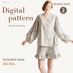 Cartamodello PDF per camicetta con chiusura a portafoglio e laccetti, due opzioni di maniche, modello top a portafoglio, camicetta stile contadino, camicia cottagecore, taglie XS-4XL