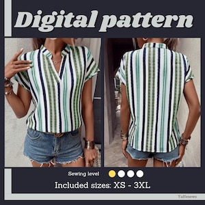 Könnte beinhalten: Bild eines digitalen Schnittmusters für eine gestreifte Bluse. Die Bluse hat einen V-Ausschnitt und kurze Ärmel mit vertikalen Streifen in Weiß, Grün und Marineblau. Der Text "Digital pattern" steht oben und "Included sizes: XS - 3XL" unten.