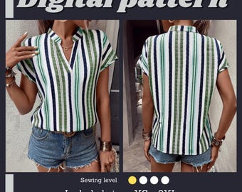 V-neck top sewing pattern, batwing sleeve blouse, sizes XS-3XL