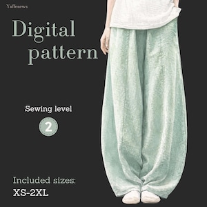 Patrón de costura para pantalones de pierna ancha, tipo bombacho, descarga instantánea en PDF, tallas XS-XXL