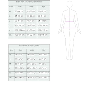May include: A size chart with body measurements in centimeters and inches. The chart includes bust, waist, and hip measurements for sizes XS to XXL. A stylized illustration of a person is on the right side of the chart. The text "Yaffesews" is at the bottom.