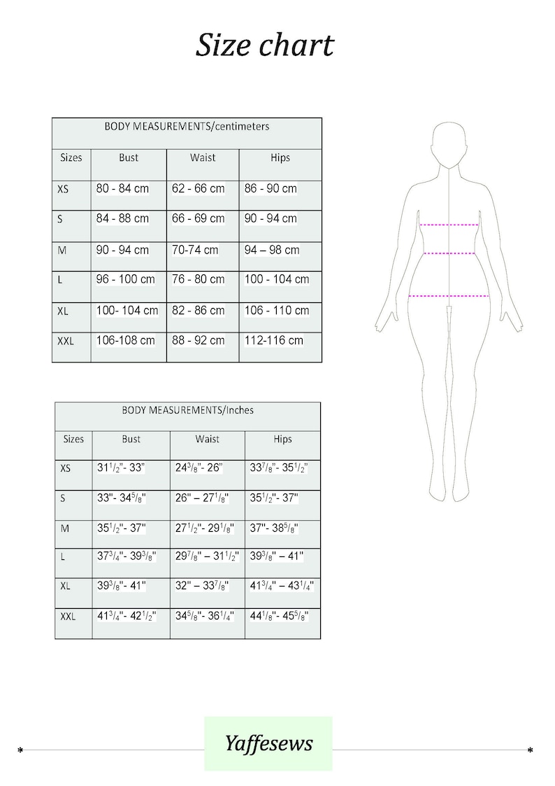 May include: A size chart with body measurements in centimeters and inches. The chart includes bust, waist, and hip measurements for sizes XS to XXL. A stylized illustration of a person is on the right side of the chart. The text "Yaffesews" is at the bottom.