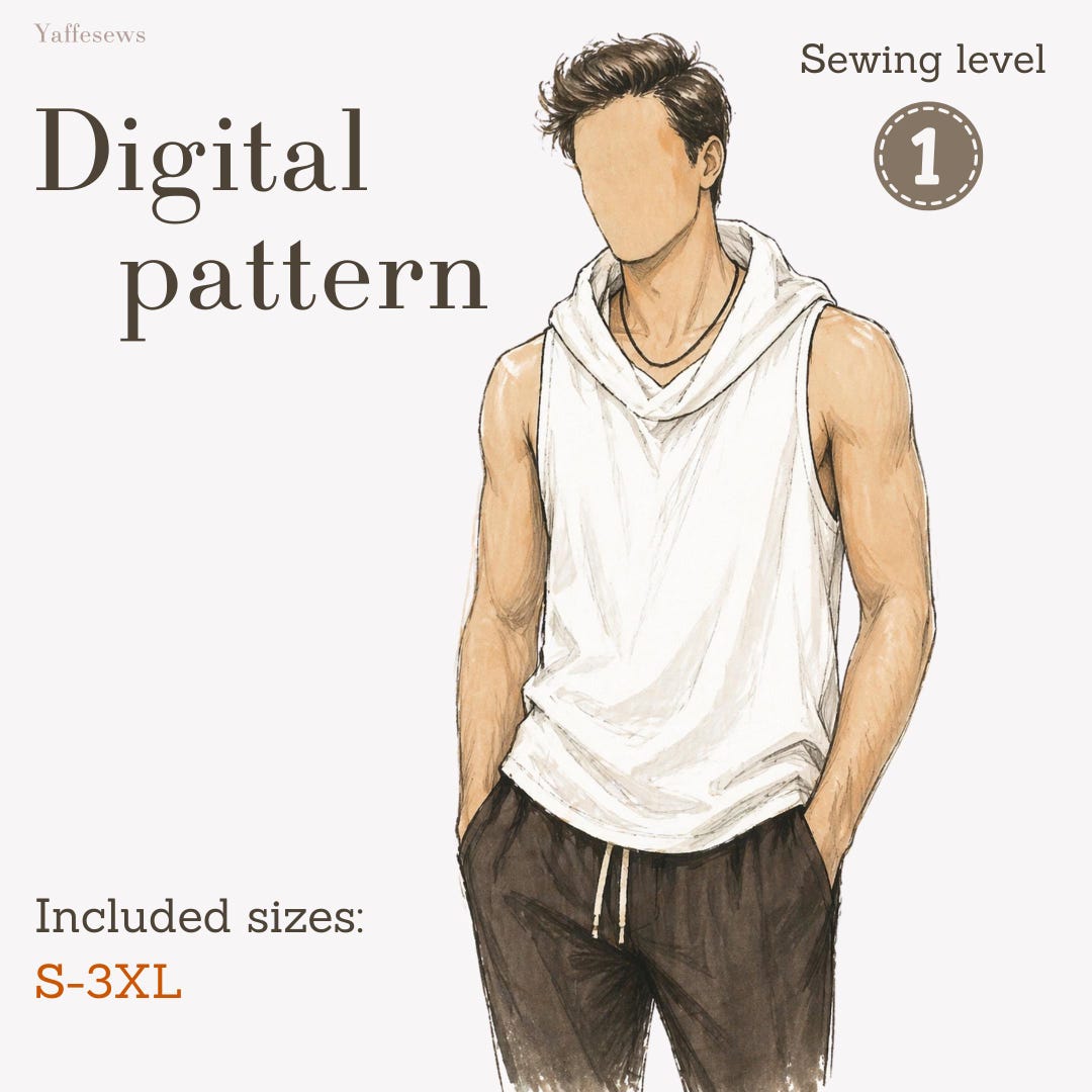 Men's Hooded Tank Top Sewing Pattern, Minimalist Sleeveless Boho Top ...