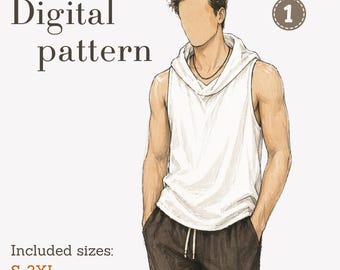 Men's Hooded Tank top sewing pattern, minimalist sleeveless boho top digital pattern pdf with tutorial, sizes S-3XL