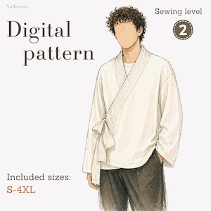 Può includere: Modello digitale per un top avvolgente. L'illustrazione mostra una persona che indossa un top color crema con chiusura a portafoglio e cravatta. Il testo indica un livello di cucito 2 e include le taglie S-4XL.