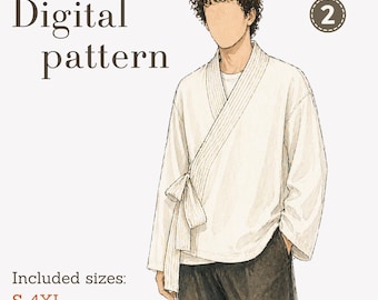 男性用着物ジャケットの縫製パターン、即時 PDF ダウンロード、サイズ XS - 4XL、DIY 着物。