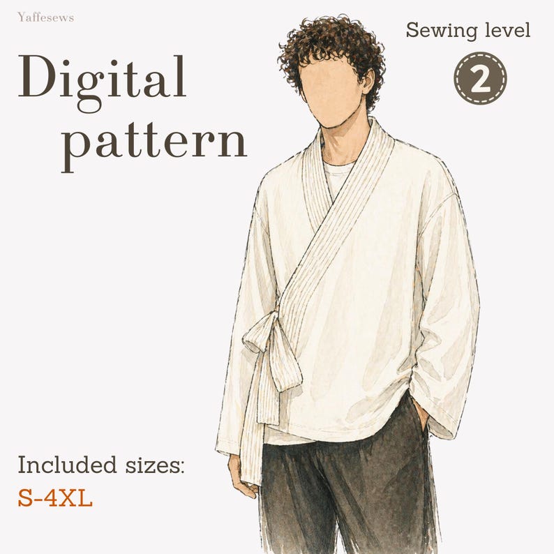 May include: Digital pattern for a wrap-style top. The illustration shows a person wearing a cream-colored top with a wrap closure and tie. The text indicates a sewing level of 2 and includes sizes S-4XL.