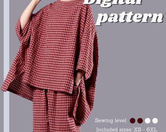 Oversize Top Sewing Pattern, loose top with an asymmetrical hem, Instant PDF download, sizes XS - 6XL