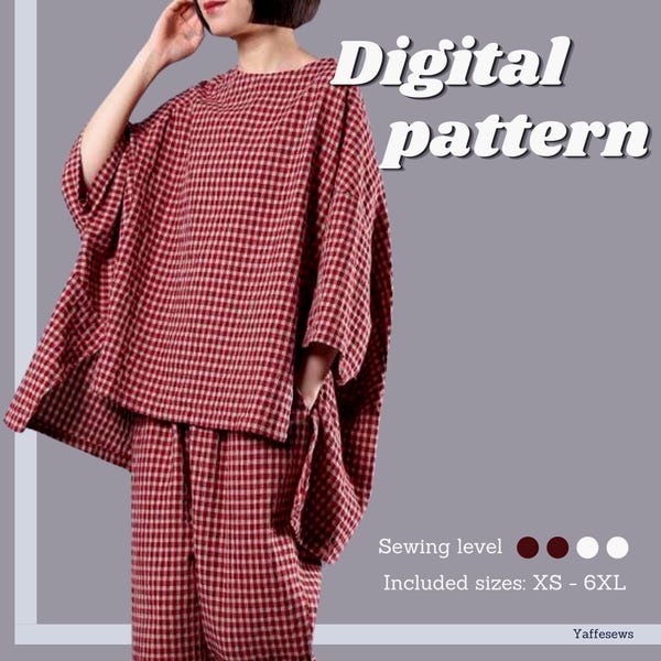 Oversize Top Sewing Pattern, loose top with an asymmetrical hem, Instant PDF download, sizes XS - 6XL