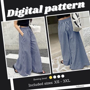 Wide leg pants sewing pattern, instant pdf download, sizes XS-3XL, boho trousers digital pattern.