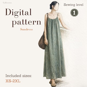 Puede incluir: Patrón digital de vestido de verano verde, largo hasta el suelo. La imagen incluye el texto "Digital pattern Sundress" y "Tallas incluidas: XS-2XL". El nivel de costura se indica como 1.