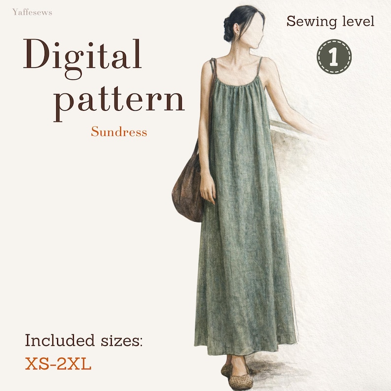 May include: Digital sundress pattern with a green, floor-length design. The image includes the text "Digital pattern Sundress" and "Included sizes: XS-2XL". The sewing level is indicated as 1.