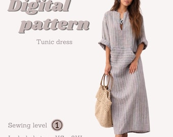 Tunic dress sewing pattern, sizes XS-3XL, maxi dress with side slits instant PDF download, digital pattern