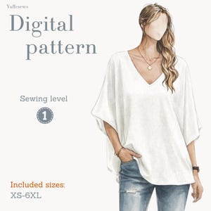 May include: Digital pattern image showing a white V-neck top with wide sleeves and blue jeans. Text includes "Digital pattern," "Sewing level 1," and size range "XS-6XL."