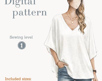 V-neck top sewing pattern, minimalist boho shirt, sizes XS-6XL