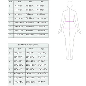 May include: Size chart with body measurements in centimeters and inches. Includes bust, waist, and hip measurements for sizes XS to 4XL. A line drawing of a person is on the right. The text "Yaffesews" is at the bottom.