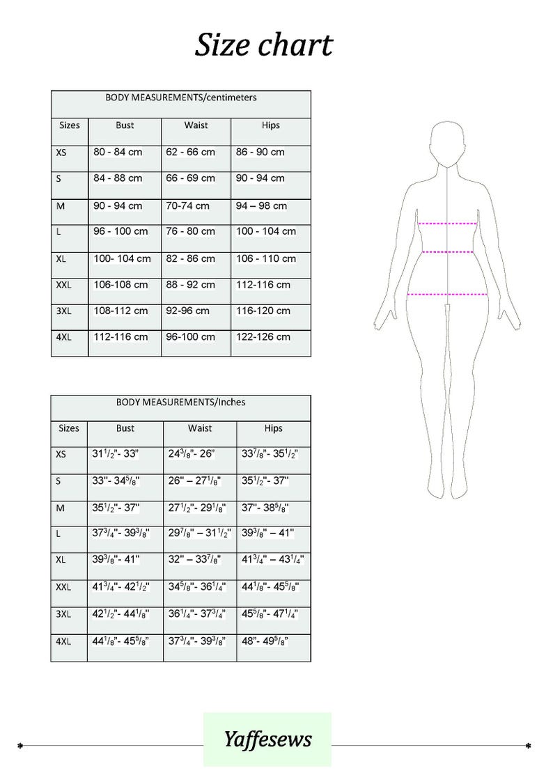 May include: Size chart with body measurements in centimeters and inches. Includes bust, waist, and hip measurements for sizes XS to 4XL. A line drawing of a person is on the right. The text "Yaffesews" is at the bottom.