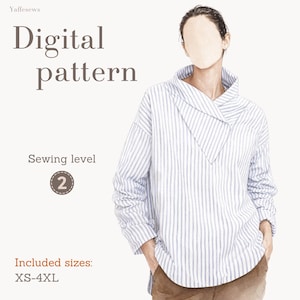 Women Shirt Sewing Pattern PDF, Asymmetrical Collar Top Pattern, Loose Fit Blouse Pattern, Digital Sewing Pattern, XS-4XL
