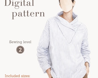 Women Shirt Sewing Pattern PDF, Asymmetrical Collar Top Pattern, Loose Fit Blouse Pattern, Digital Sewing Pattern, XS-4XL