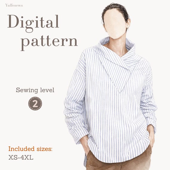 Women Shirt Sewing Pattern PDF, Asymmetrical Collar Top Pattern, Loose Fit Blouse Pattern, Digital Sewing Pattern, XS-4XL