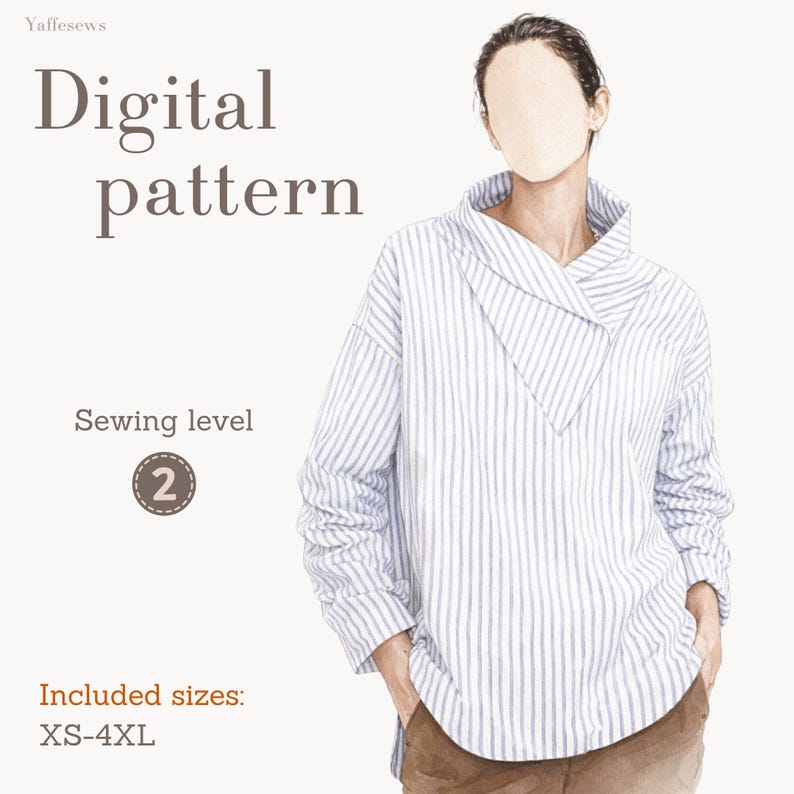 May include: Digital pattern for a striped shirt. The image shows a watercolor illustration of a shirt with a unique collar design. The text includes "Digital pattern", "Sewing level 2", and "Included sizes: XS-4XL". The shirt has blue and white vertical stripes.